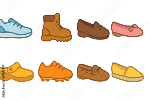 Children's Shoe Icons. Flat vector mini-illustrations shoe types in colors children's illustrations: running shoe, hiking boot,