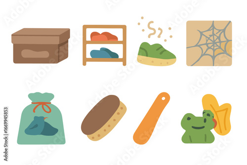 Children's Shoe and Animal Icons. Flat vector mini-illustrations shoe storage in colors children's illustrations: old shoe box,