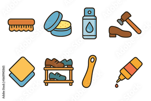 Children's Shoe Care Icons. Flat vector mini-illustrations sole care in colors children's illustrations: shoe brush, sole cleaner,