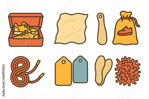 Children's Shoe Box Icons. Flat vector mini-illustrations shoebox contents in colors children's illustrations: shoes inside box,