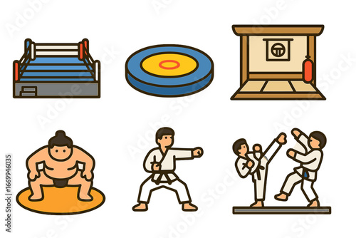 Children's Sports Icons. Flat vector mini-illustrations fight sports in colors children's illustrations: boxing ring, wrestling