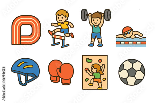 Children's Sports Icons. Flat vector mini-illustrations physical challenges in colors children's illustrations: running track,