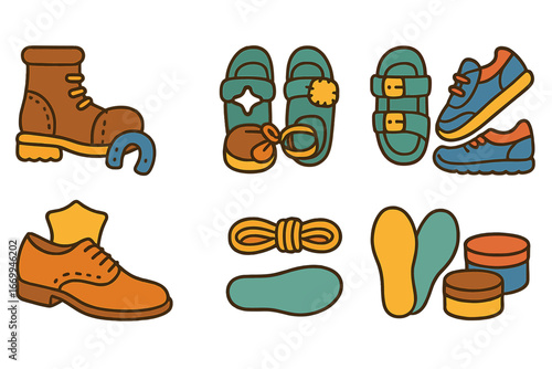 Cobbler's Delight Icons. Flat vector mini-illustrations cobbler products in colors children's illustrations: repaired boots,
