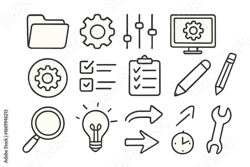 Simple Icon Collection. Hand-drawn doodle illustration preset collection folder, gear, sliders, computer screen, settings icon,