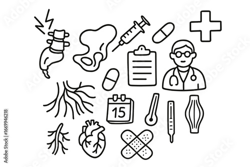 Coccyx Pain Essentials. Hand-drawn doodle illustration coccyx tailbone pain pain symbol, coccyx, pelvis, syringe, pill, clipboard,