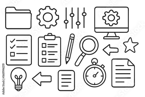 Simple Icon Collection. Hand-drawn doodle illustration preset collection folder, gear, sliders, computer screen, settings icon,