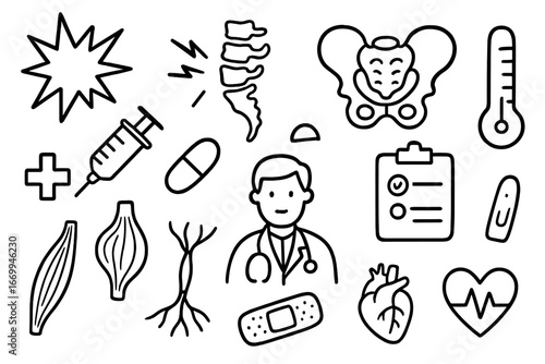 Coccyx Pain Essentials. Hand-drawn doodle illustration coccyx tailbone pain pain symbol, coccyx, pelvis, syringe, pill, clipboard,