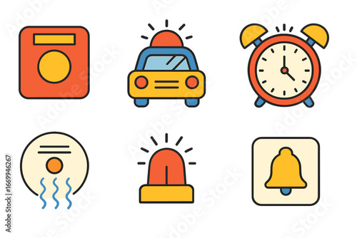 Colorful Alarm Icons. Flat vector mini-illustrations alarm devices in colors children's illustrations: fire alarm, burglar alarm,