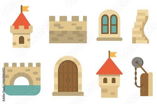 Colorful Castle Icons. Flat vector mini-illustrations castle architecture in colors children's illustrations: turrets, stone walls