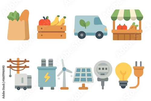 Colorful Children's Icons Grid. Flat vector mini-illustrations food distribution in colors children's illustrations: grocery bag,