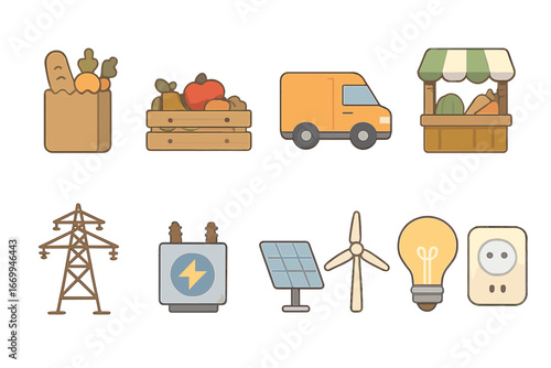 Colorful Children's Icons Grid. Flat vector mini-illustrations food distribution in colors children's illustrations: grocery bag,
