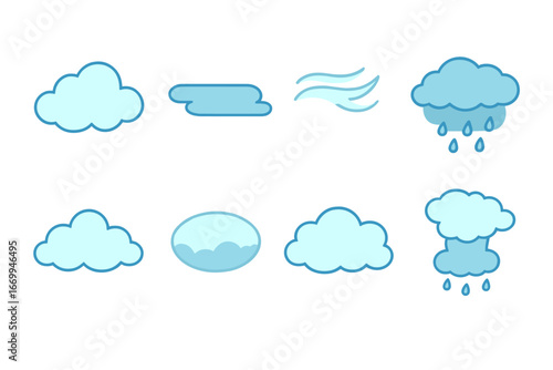 Colorful Cloud Illustrations. Flat vector mini-illustrations types of clouds in colors children's illustrations: cumulus, stratus,