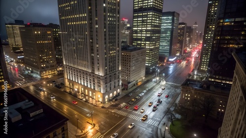 Aerial view of New York downtown building roofs. Bird's eye view from helicopter of cityscape metropolis infrastructure, traffic cars, yellow cabs moving on city streets and crossing district avenues