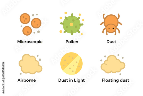 Colorful Dust Particles. Flat vector mini-illustrations dust particles in colors children's illustrations: microscopic dust,