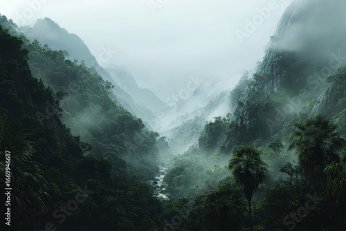 Misty Rainforest Valley: Lush Green Mountains, River, and Palm Trees