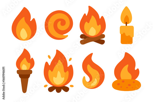 Colorful Flame Icons. Flat vector mini-illustrations flame shapes in colors children's illustrations: flickering flame, spiral