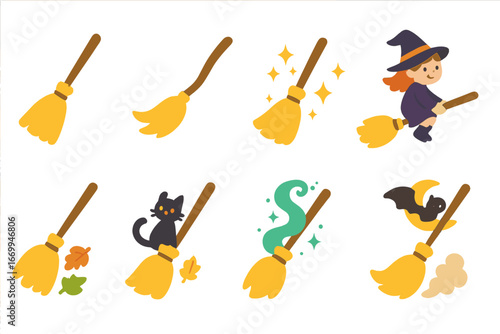 Colorful Halloween Broomsticks. Flat vector mini-illustrations broomstick in colors children's illustrations: classic broomstick,