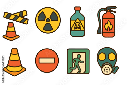 Colorful Hazard Icons. Flat vector mini-illustrations hazard signs in colors children's illustrations: caution tape, radioactive