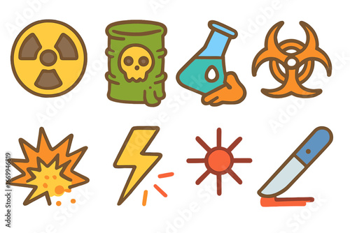 Colorful Hazard Symbols. Flat vector mini-illustrations hazard symbols in colors children's illustrations: radioactive material,