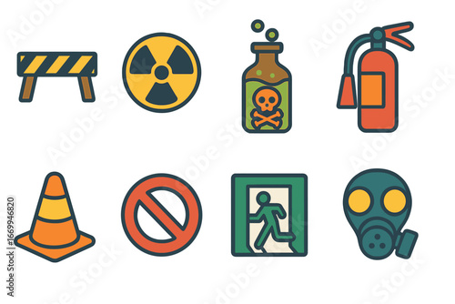 Colorful Hazard Icons. Flat vector mini-illustrations hazard signs in colors children's illustrations: caution tape, radioactive