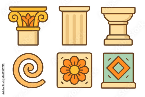 Colorful Pillar Icons. Flat vector mini-illustrations pillar details in colors children's illustrations: carved capital, fluted