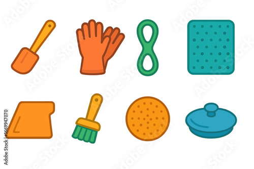Colorful Rubber & Suede. Flat vector mini-illustrations rubber kitchenware in colors children's illustrations: rubber spatula,
