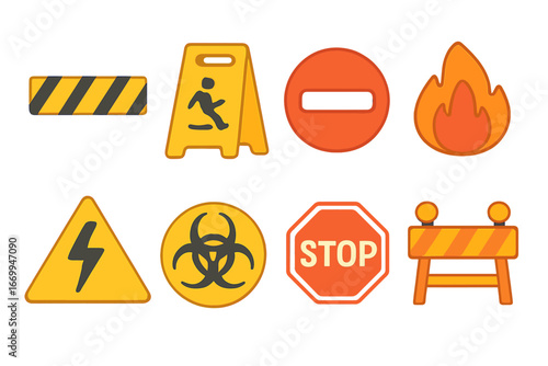 Colorful Safety Icons. Flat vector mini-illustrations warning signs in colors children's illustrations: caution tape, slippery