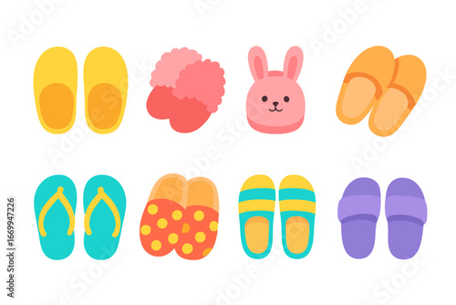 Colorful Slippers Array. Flat vector mini-illustrations slipper in colors children's illustrations: cozy slippers, fuzzy slippers,