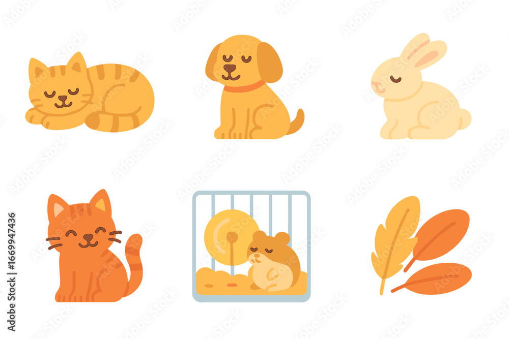 Obraz premium Comfort Pets Icons. Flat vector mini-illustrations comfort pets in colors children's illustrations: sleeping cat, snuggly dog,