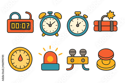 Colorful Timer Icons. Flat vector mini-illustrations timer detonators in colors children's illustrations: digital countdown,