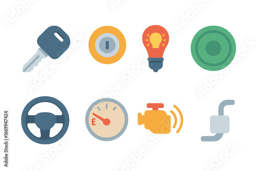 Colorful Vehicle Icons. Flat vector mini-illustrations vehicle ignition in colors children's illustrations: car key, ignition slot