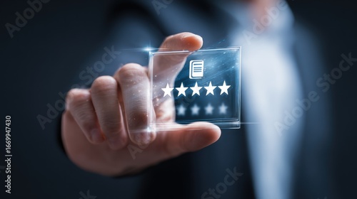 Digital Review: A hand gently presents a transparent digital interface showcasing five-star ratings, symbolizing excellence and positive feedback. The image captures the essence of quality.