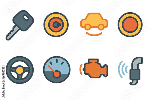 Colorful Vehicle Icons. Flat vector mini-illustrations vehicle ignition in colors children's illustrations: car key, ignition slot