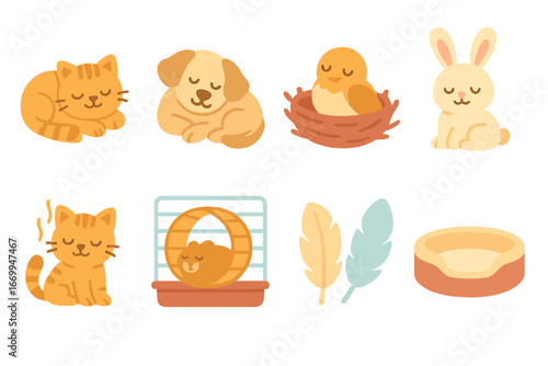Comfort Pets Icons. Flat vector mini-illustrations comfort pets in colors children's illustrations: sleeping cat, snuggly dog,