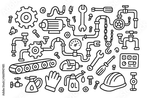 Complex Machinery Doodle. Hand-drawn doodle illustration complex machinery gears, bolts, wrench, screwdriver, conveyor belt, motor