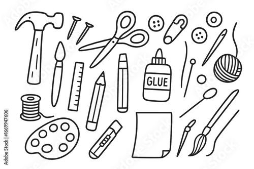Craft Tools Doodle. Hand-drawn doodle illustration DIY hammer, nails, scissors, glue bottle, paintbrush, ruler, pencil, thread