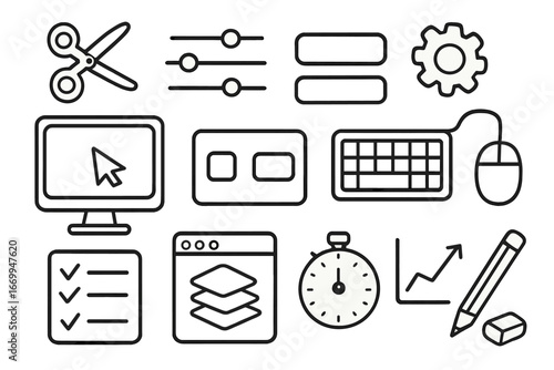 Creative Editing Tools. Hand-drawn doodle illustration editing preset scissors, sliders, gear, computer screen, cursor, buttons,