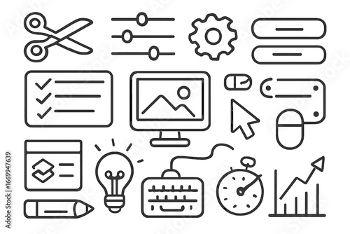 Creative Editing Tools. Hand-drawn doodle illustration editing preset scissors, sliders, gear, computer screen, cursor, buttons,
