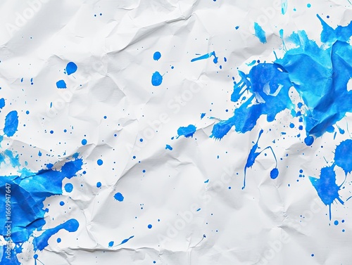 Crumpled white paper with vibrant blue paint splatters (2)