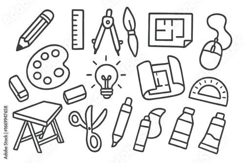 Creative Tools Doodle. Hand-drawn doodle illustration design pencil, ruler, compass, paintbrush, color palette, sketchbook, eraser