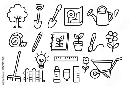 Creative Tools Doodle. Hand-drawn doodle illustration design pencil, ruler, compass, paintbrush, color palette, sketchbook, eraser