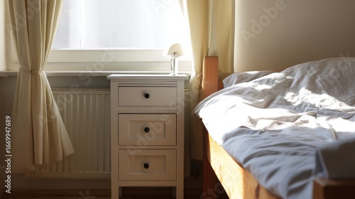 Minimalist bedroom corner with made bed and nightstand, neutral color palette and soft window view, natural ambient light at f/5.6