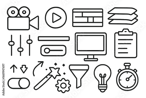 Creative Video Editing Icons. Hand-drawn doodle illustration video preset video camera, play button, timeline, sliders, computer