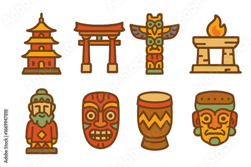 Cultural Monuments Icons. Flat vector mini-illustrations cultural monuments in colors children's illustrations: traditional pagoda