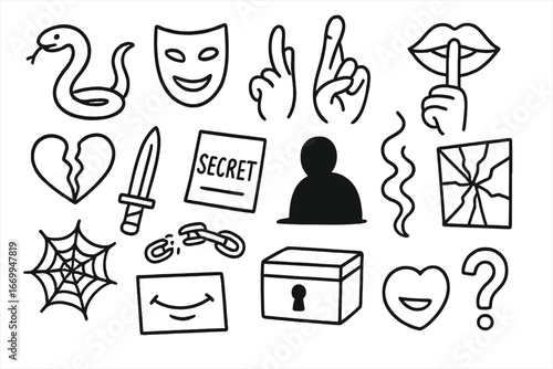 Deceptive Symbol Doodles. Hand-drawn doodle illustration trickery snake, masked face, crossed fingers, whispering lips, broken