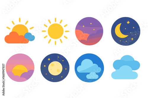 Daytime Sky Scenes. Flat vector mini-illustrations sky at different times of day in colors children's illustrations: sunrise, noon