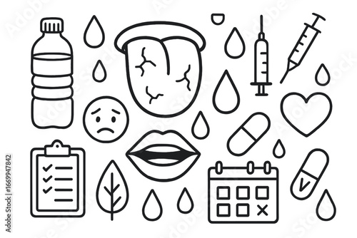 Dehydration Medical Doodles. Hand-drawn doodle illustration tongue dehydration tongue, water bottle, saliva droplet, thermometer,