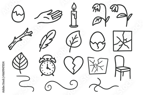 Delicate Balance Doodle. Hand-drawn doodle illustration delicate balance cracked egg, fragile hand, candle flame, wilting flower,