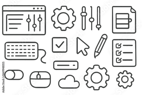 Digital Doodle Icons. Hand-drawn doodle illustration software preset computer screen, gear, sliders, settings icon, checkbox,