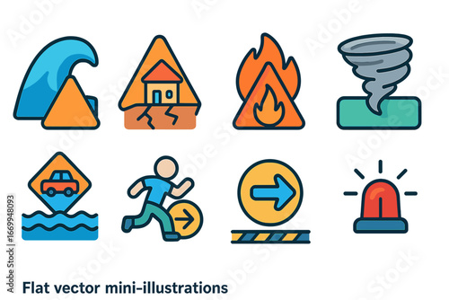 Disaster Warning Icons. Flat vector mini-illustrations disaster warning signs in colors children's illustrations: tsunami warning,